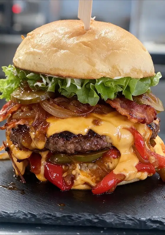 Burger mit Bacon, Käse, Paprika und Röstzwiebeln auf Schieferplatte