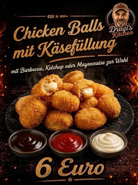 Wochenangebot: Chicken Balls mit Käsefüllung, dazu Barbecue, Ketchup oder Mayonnaise zur Wahl, 6 Euro